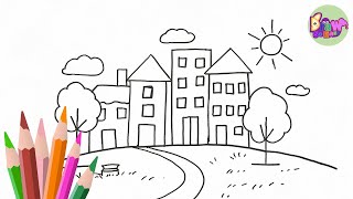 Easy City Drawing for Kids | Step by Step Town Drawing and Coloring