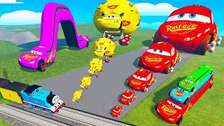 Fat Cars vs Long Mcqueen with Big & Small: Mcqueen vs Spinner Wheels with Train - BeamNG.drive