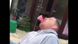 Dude catches dildo in mouth