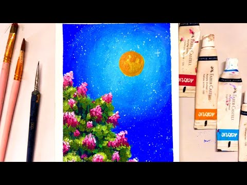 Full moon acrylic painting/ step by step acrylic painting tutorial 