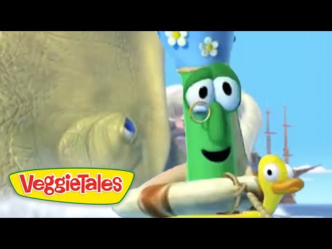 Green VeggieTales character with a flowered hat on a boat, smiling at a yellow duck; VeggieTales logo in the corner.