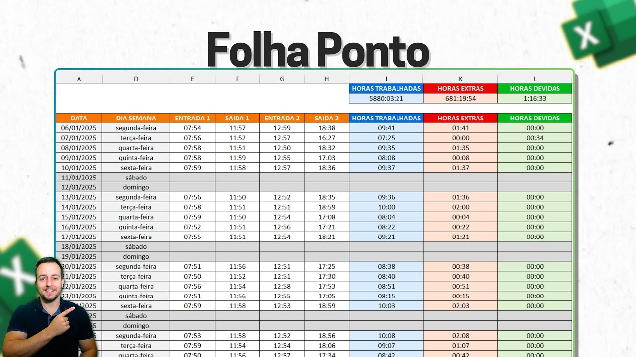 Folha de Ponto com Horas Extras e Horas Trabalhadas | Grátis Planilha Excel