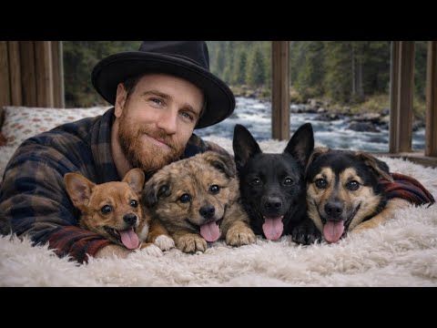 A winter day in the mountains with his family cooking over a wood fire.