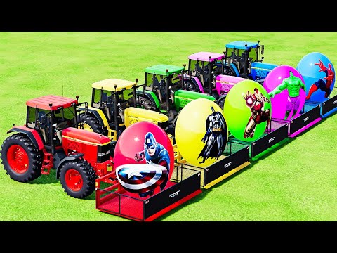 LOAD AND TRANSPORT SUPER HEROES EGGS WITH JOHN DEERE TRACTORS ! FARMING SIMULATOR 22