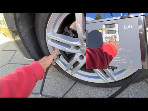 🚙 Luft am Autoreifen selber füllen am Tankstellen-Automat auf 2,4 bar Luftdruck einstellen.
