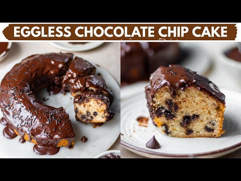 EGGLESS CHOCOLATE CHIP CAKE with CHOCOLATE GLAZE |no egg easy choco chip sponge cake recipe