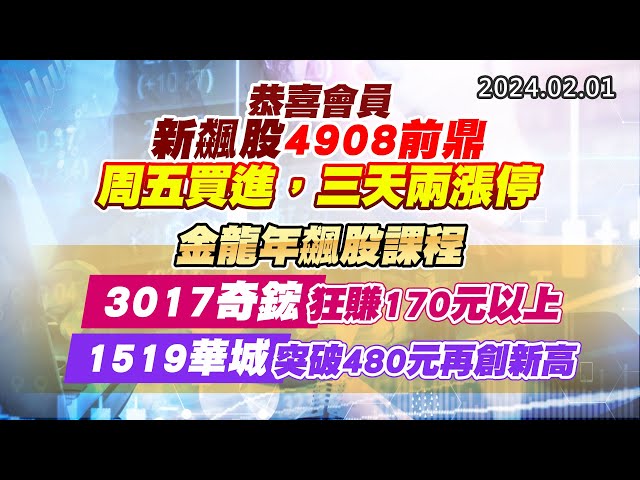 20240201《股市最錢線》#高閔漳 “恭喜會員新飆股4908前鼎周五買進，三天兩漲停””金龍年飆股課程，3017奇鋐狂賺170元以上，1519華城突破480元再創新高”