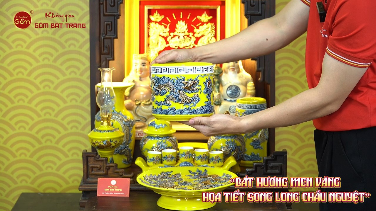 Bát Hương Men Vàng Họa Tiết Song Long Chầu Nguyệt
