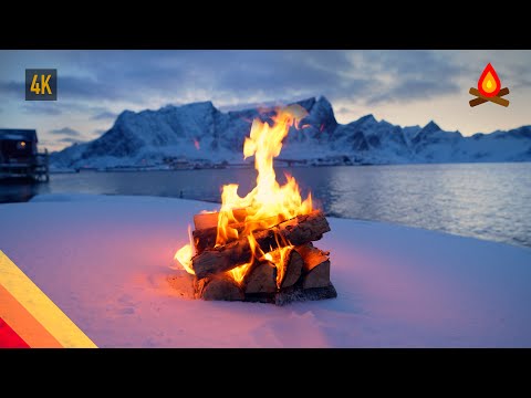 12 HOURS of 🔥 LOFOTEN winter landscape CAMPFIRE, with sounds of crackling firewood and ocean waves