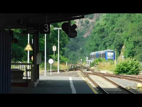 Zug der Vlexx verlässt Bad Münster am Stein als Regionalepxress nach Worms Hbf