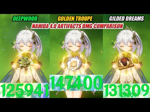 Nahida 4.0 Artifacts Golden Troupe vs Gilded Dreams vs Deepwood DMG Comparison