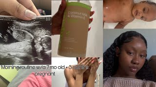 Ep.5 Morning routine w/a 7 mo old|pregnancy reveal,cleaning,mini grwm,7mo bath routine etc!