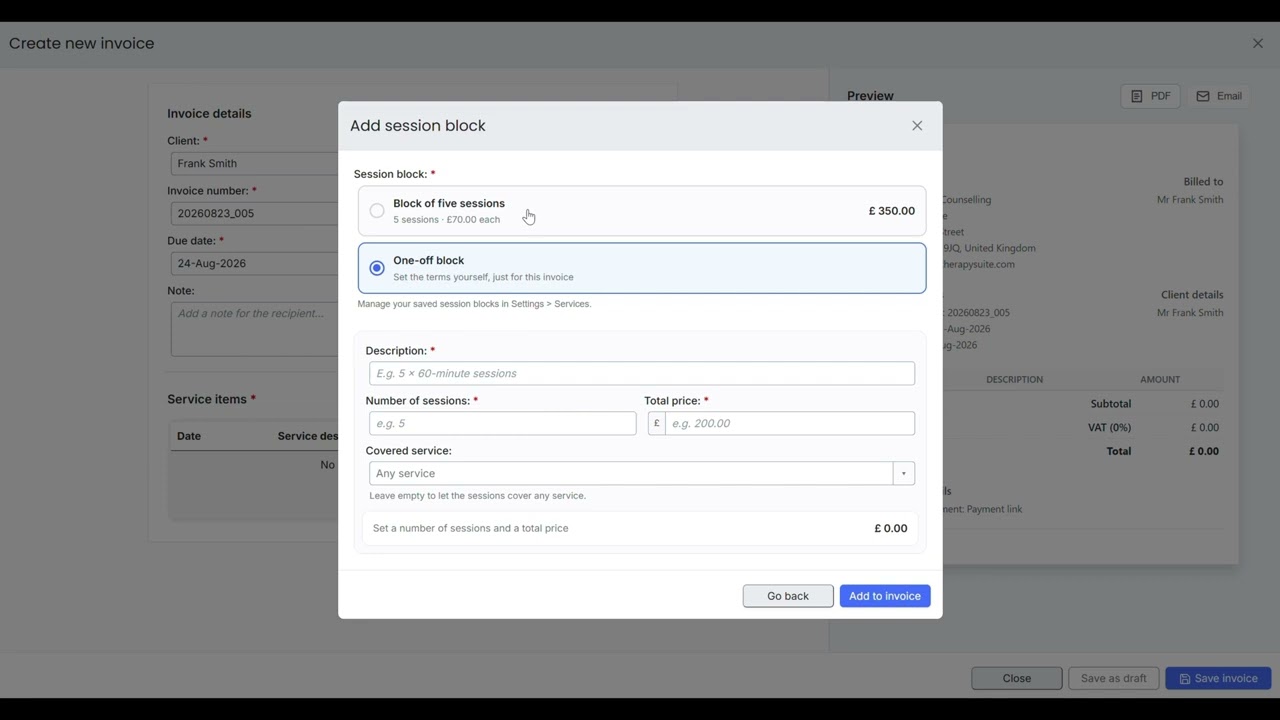 Sell a block of sessions upfront, on one invoice demo