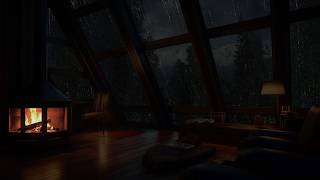 Noite chuvosa na floresta tropical vista de um sótão aconchegante com lareira acesa