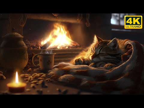 Relax with Purring Cat and Crackling Fireplace 4K ???? Sleep in Cozy Winter Ambience