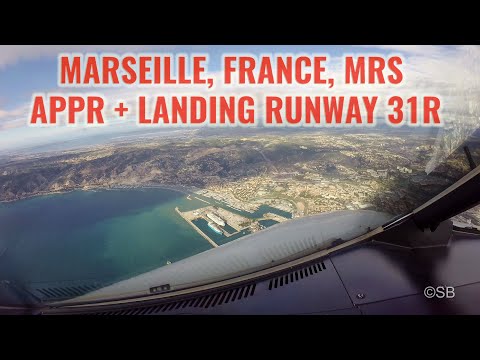 Aeroporto de Marselha, França: Aproximação íngreme + pista de pouso 31R ao longo da cidade. MRS / LFML. ATIS+ATC