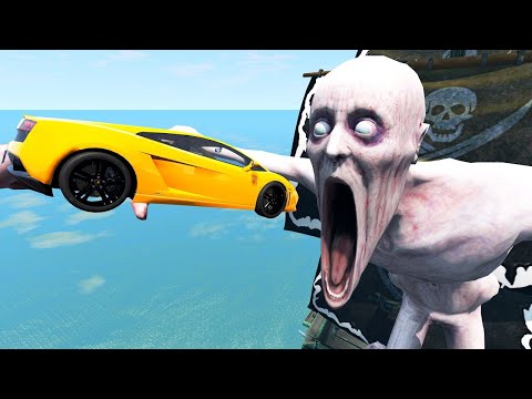 Crazy Cars Jump from the Glass Ramp into Sea with The Shy Guy (SCP-096) - BeamNG.Drive