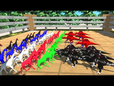 50 GIRAFFE VS 10 T-REX THE SPIDERMAN AND T-REX THE VENOM | Animal Revolt Battle Simulator
