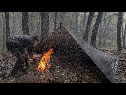 SOLO CAMPING in RAIN STORM [ Relaxing in the Tent shelter, ASMR ]