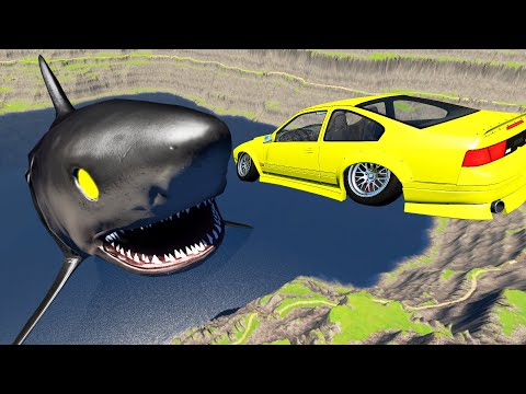 Jumping Cars Into Quarry With Porbeagle Shark - Beamng Drive | TrainWorld