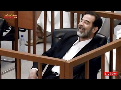 الرئيس صدام حسين يضحك على القاضي رؤوف بعد صرده المحامية اللبنانية بشرى من قاعة المحكمة ٢٠٠٦/٤/٥