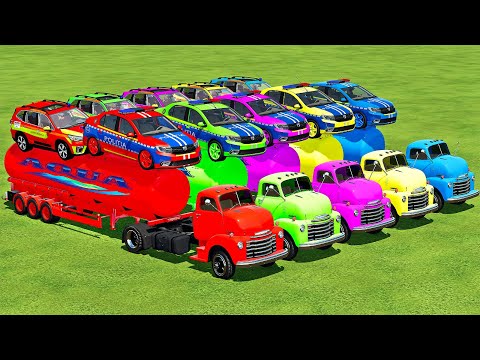 TRANSPORTING AUTOMEDICA SUBARU & POLICE LOGAN WITH CHEVROLET TRUCKS! Farming Simulator 22