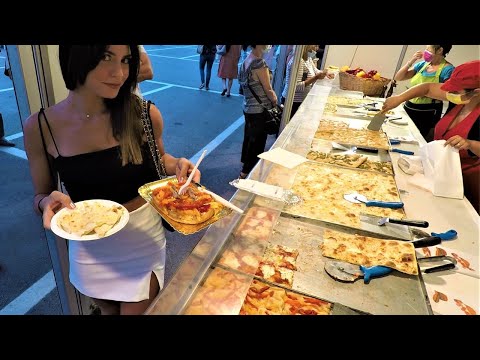 Italy Street Food. Cooking and Tasting Cheese 'Focaccia', Pepper 'Bruschetta', 'Farinata', Pizza