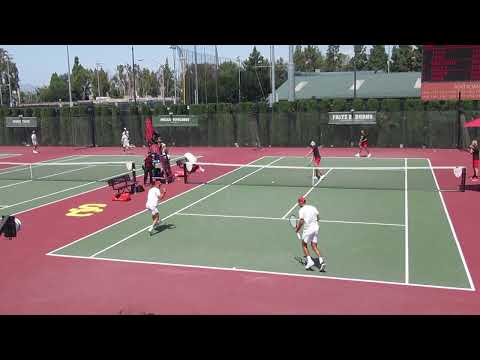 On Court 1, USC Tennis Doubles Team of Bradley Frye & Learner Tien beat Utah's Trhae and Bugarik 7-5