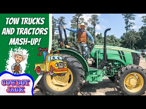 Man in a cowboy hat standing on a green John Deere tractor beside a cartoon tow-truck graphic and bold left-side text.