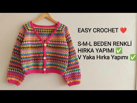 EASY CROCHET ❤️ S-M-L BEDEN KOLAY V YAKA HIRKA YAPIMI ✅ CROP HIRKA ✅ HIRKA NASIL ÖRÜLÜR?