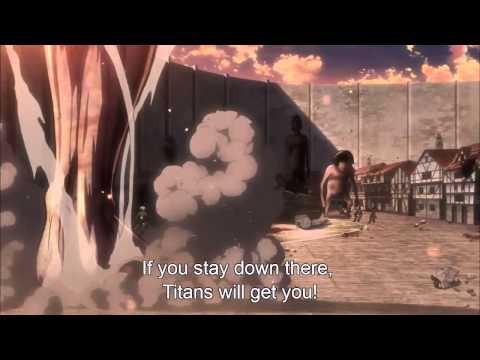Shingeki no Kyojin  - Eren blocks gate with boulder