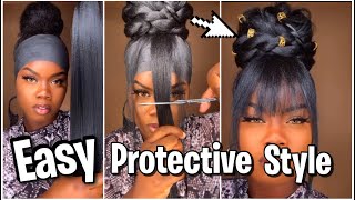 Recreating my popular bun and bang with braiding hair look | protective style