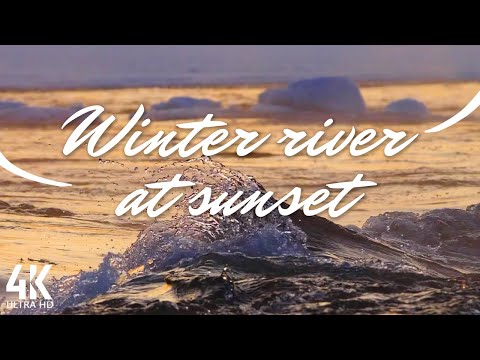 8HOURS of Mighty River Sound for Relax/Study/Work - Winter River at Sunset in Slow Motion 4K