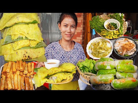 Best place to have breakfast and afternoon snacks, yellow pancakes & rice noodle, Khmer street food