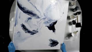 (892) Stunning Indigo and White Dirty Pour Painting, Fluid Art Technique
