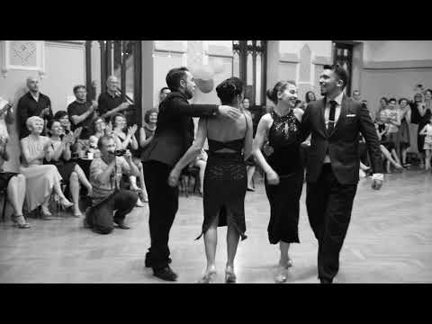  Jonathan Saavedra,    Clarisa Aragon,    Julio Saavedra,    and  Tekla Gogrichiani  are  dancing  to  the  milonga  "  Silueta Portena  "  by  Francisco Canaro  at  Tiflis Tango Festival  in  2019
