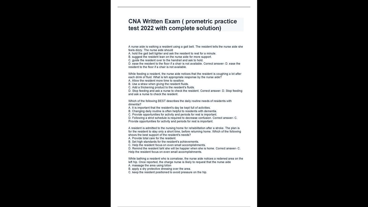 CNA Written Exam  prometric practice test 2022 with complete solution