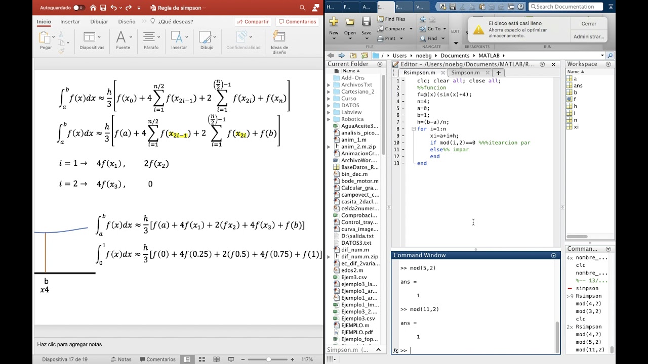 Regla de simpson explicación y programa en MATLAB
