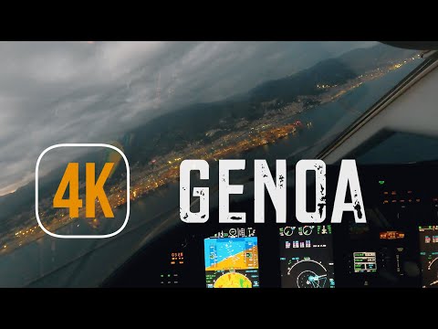 Sunset beautiful CIRCLE TO LAND approach to runway 10 in Genoa, Italy