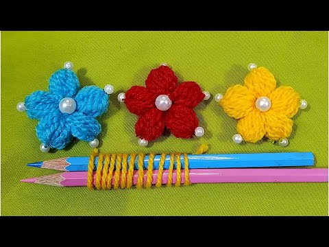 Super Easy Woolen Flower Craft idea with pencil - Hand Embroidery