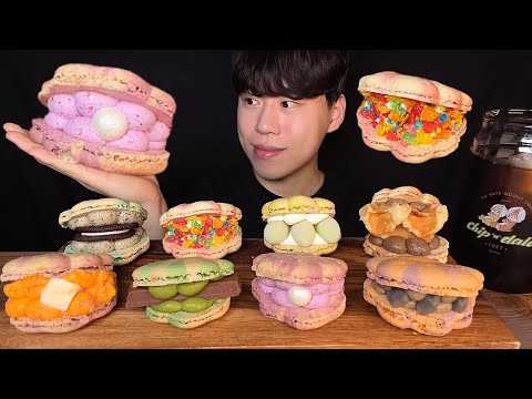 SUB) Korean seashell macaron eating show | oreo, black sesame, chocolate, yogurt, matcha kitkat