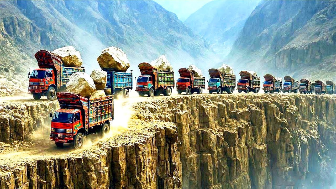 شاهد كيف يخاطرون بحياتهم! سائقون مجانين ينقلون صخورًا وزنها أطنان في باكستان