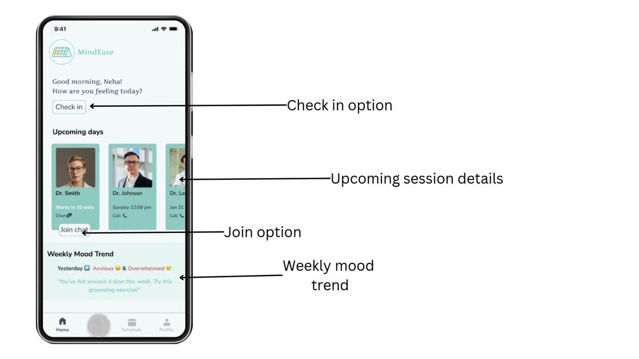 Home Page UI (therapy booking and mood tracking app) - MindEase