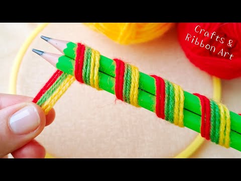 It's so Cute !! Unique Woolen Flower Craft Idea with Pencil - Hand Embroidery Amazing Flower Design