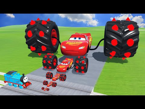 Big & Small McQueen Spider with Monster Truck Spike VS Thomas Train | BeamNG.drive