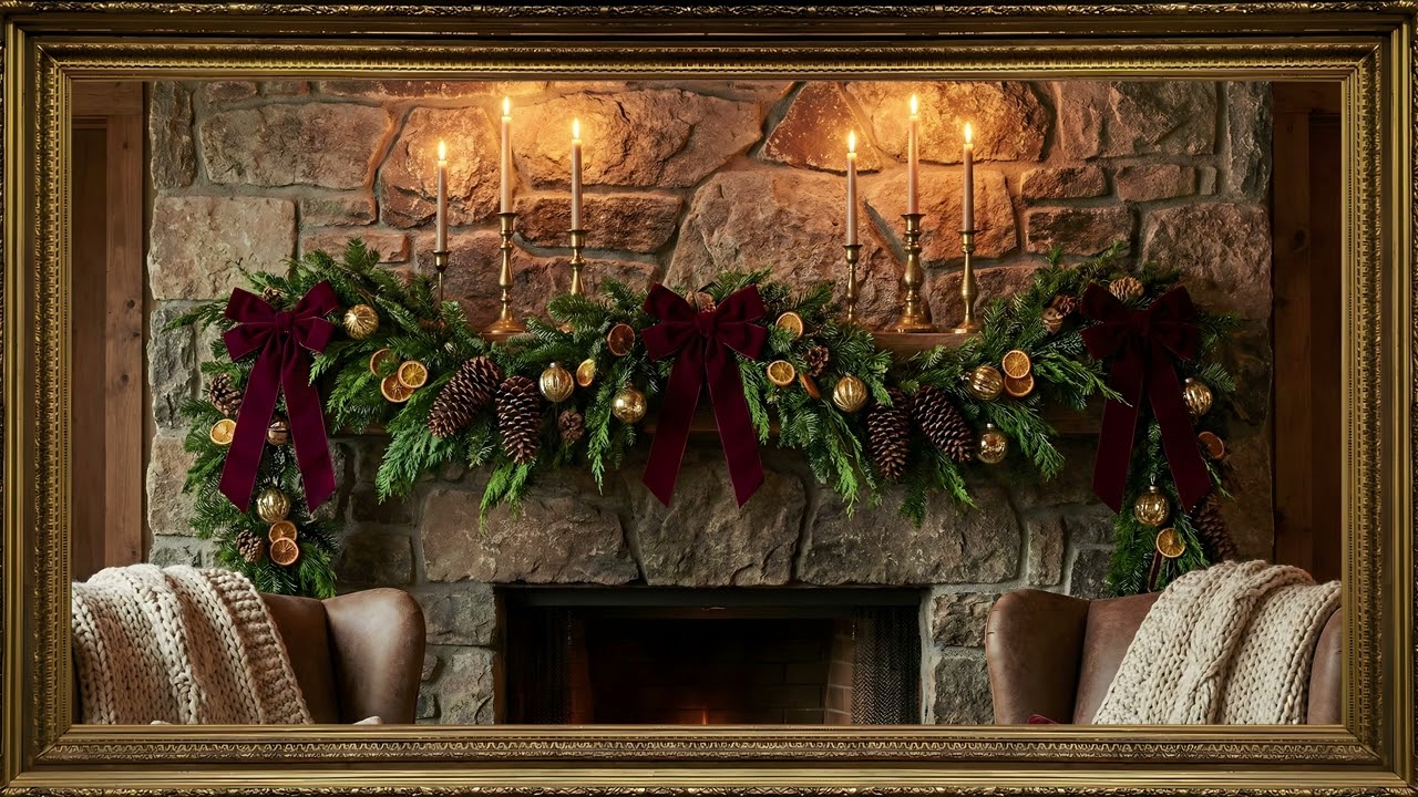 Rustic Christmas Stone Fireplace Candlelight Gold Frame TV Art | 2 Hours 4K — 4K ambient art screensaver in baroque gold frame