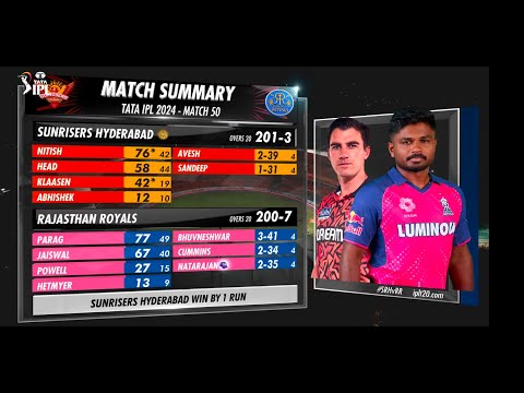 SRH vs RR IPL 2024 Highlights | M 50 | Very close run chase