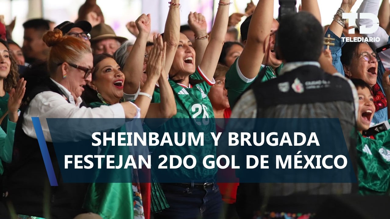 Claudia Sheinbaum y Clara Brugada festejan segundo gol de México en el Fan Fest de la GAM