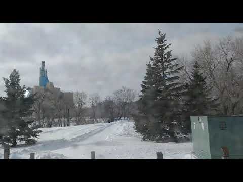 View of downtown Winnipeg thru a dirty bus window.