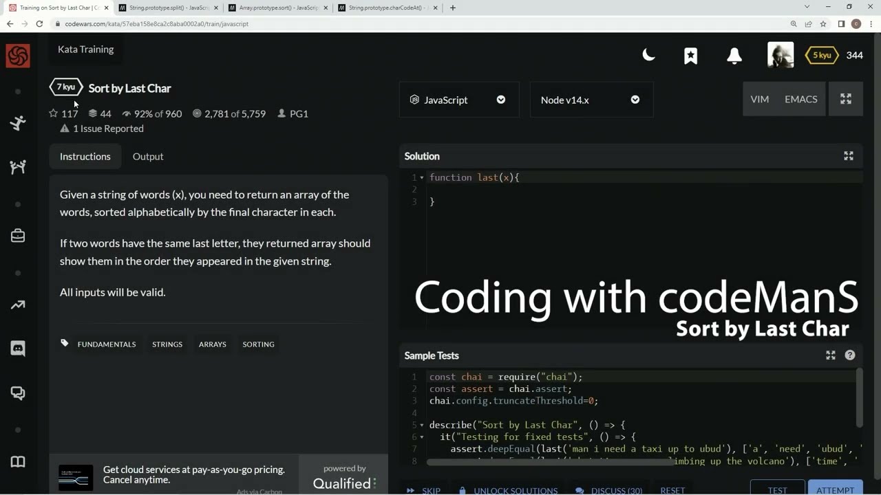 Codewars 7 kyu Sort by Last Char JavaScript